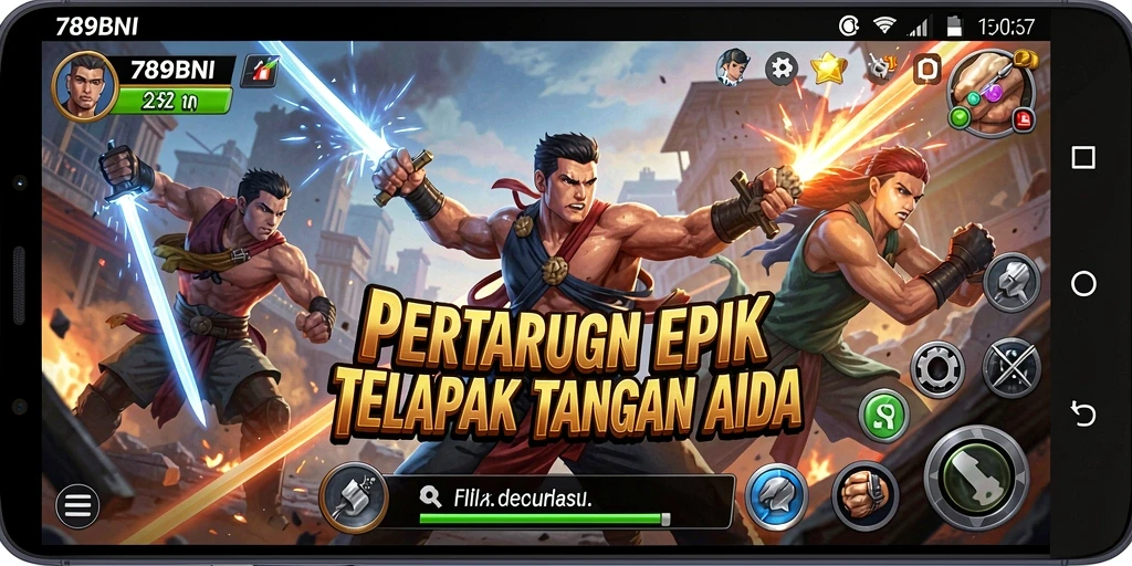 Screenshot gameplay 789BNI dengan karakter bertarung di arena.