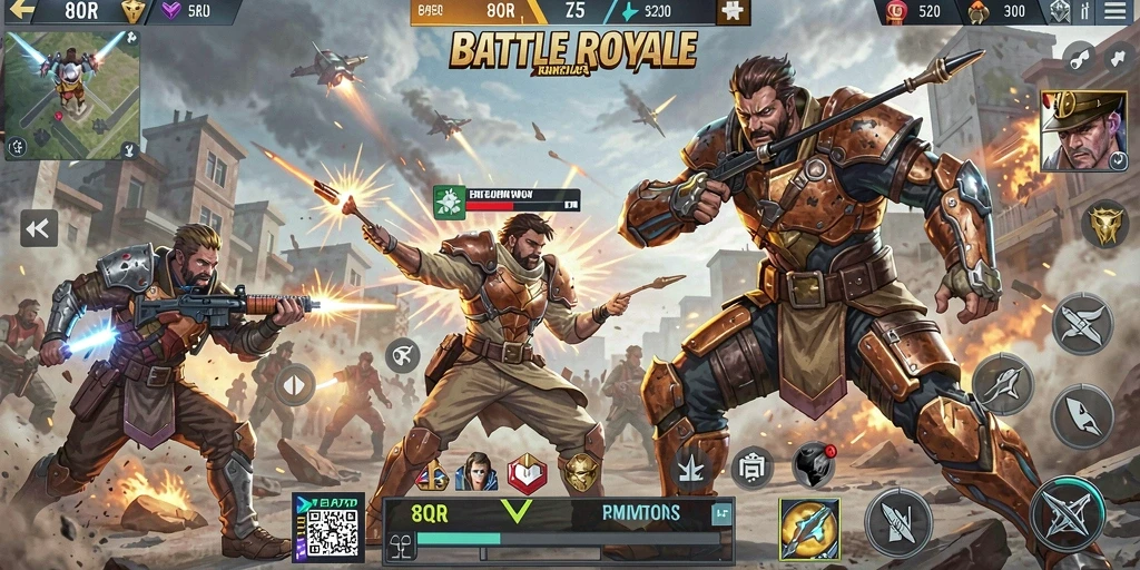 Screenshot menampilkan aksi pertempuran intens di 8QR Battle Royale.