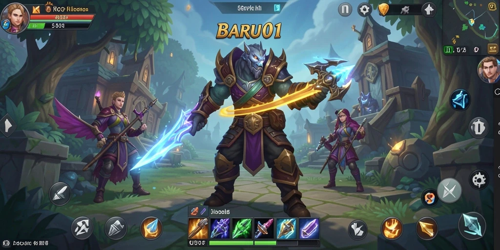 Tampilan gameplay BARU01 yang menampilkan pertempuran epik di dunia fantasi.
