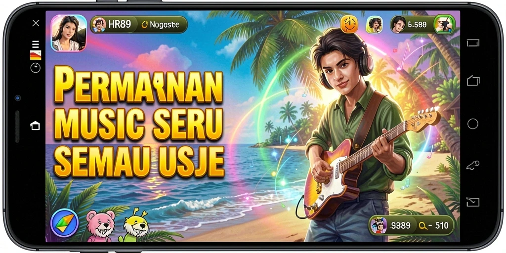 Screenshot HR89 menampilkan gameplay dinamis yang penuh musik.