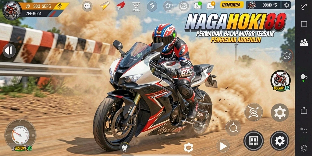 Screenshot gameplay NAGAHOKI88 yang menunjukkan aksi balap motor yang mendebarkan.