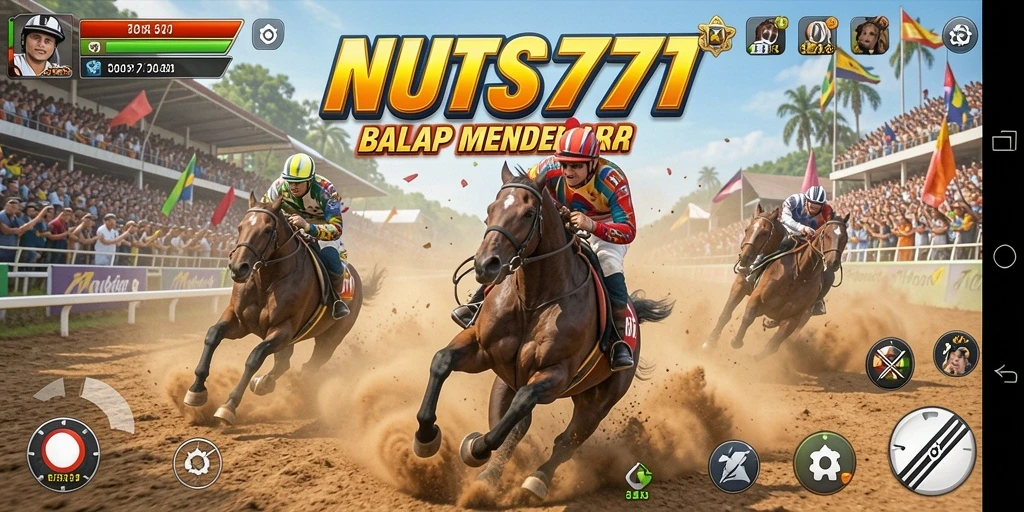 Screenshot gameplay NUTS777 menampilkan aksi balapan yang intens dan mendebarkan.