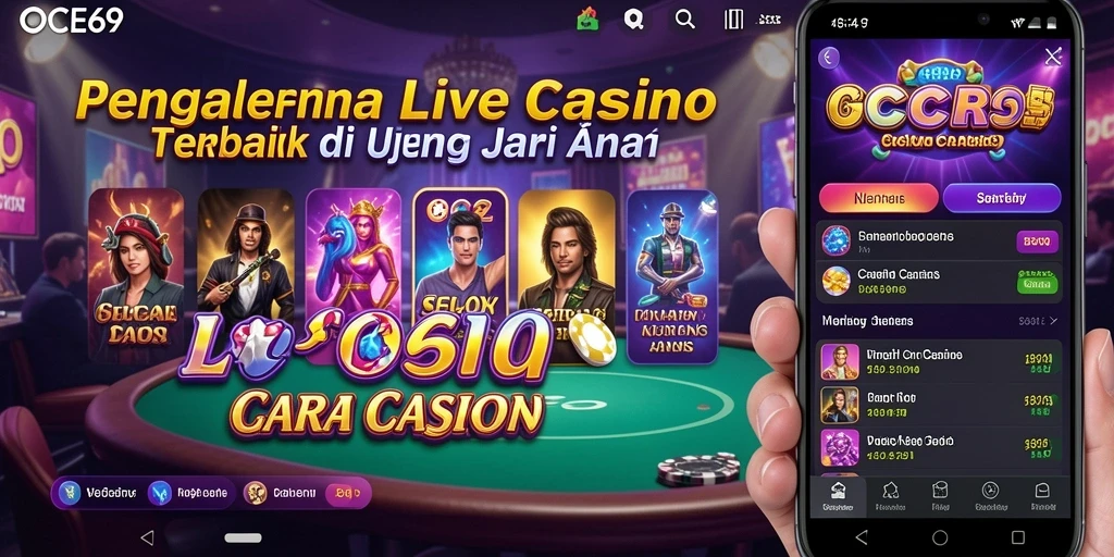 Screenshot OCE69 menampilkan dealer cantik dan pertandingan Live Casino yang seru.