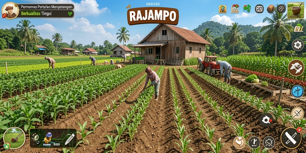 Screenshot dari gameplay seru RAJAMPO dan aktivitas bertani.