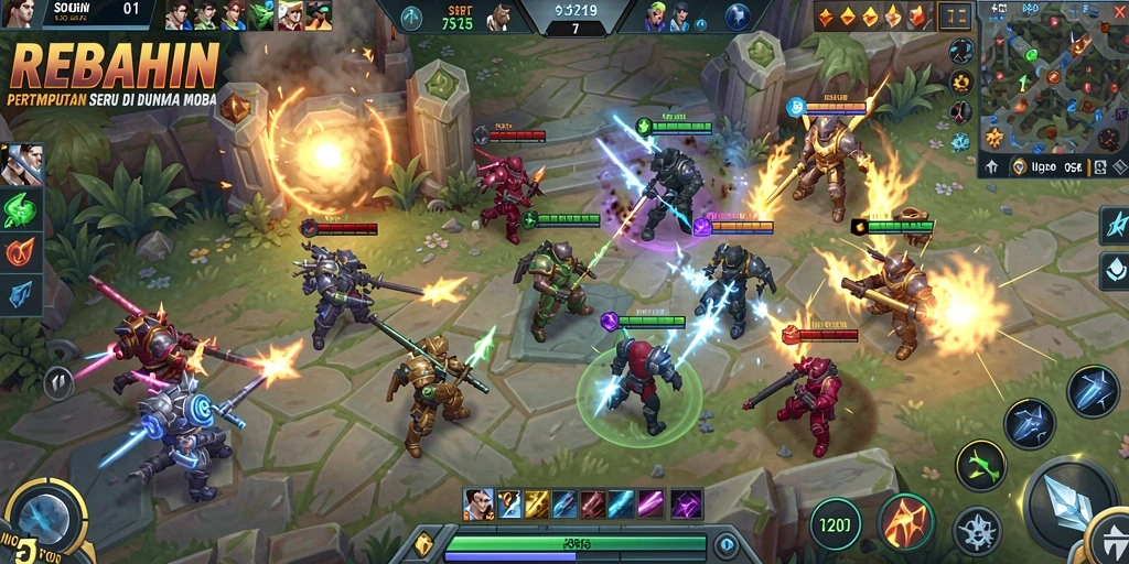 Screenshot gameplay seru REBAHIN dengan aksi pertempuran MOBA.