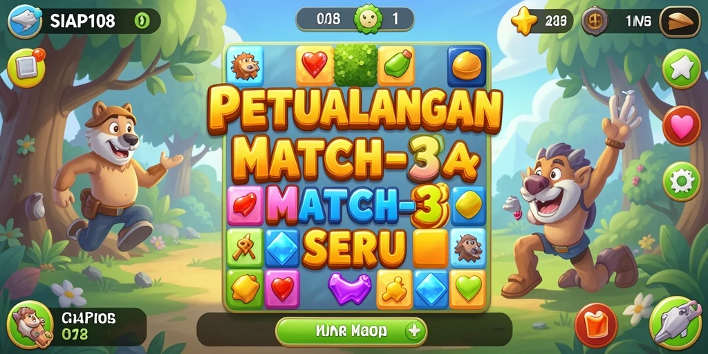 Screenshot menunjukkan permainan Match-3 yang seru dan penuh warna.
