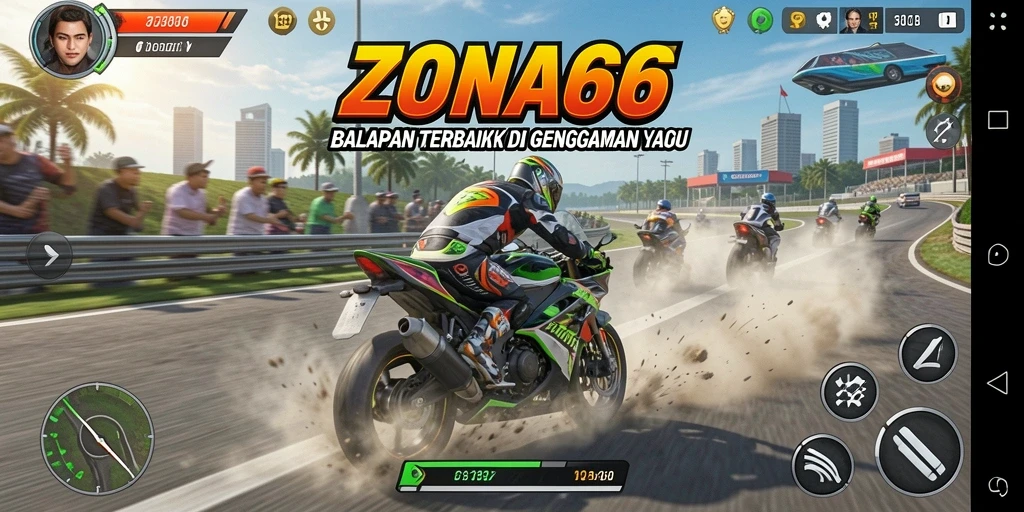 Screenshot gameplay ZONA66 menampilkan aksi balapan motor yang seru.